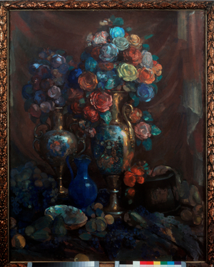 Still life (vases, flowers and fruits), 1912 (tempera)