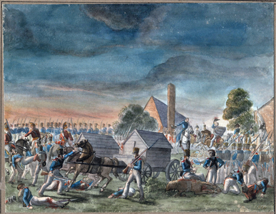The meeting of the Duke of Wellington and Prince Bluecher, 1818 (watercolour on paper)