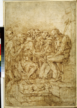 "Christ with passion symbols surrounded by seven characters", 16th century (ink drawing)