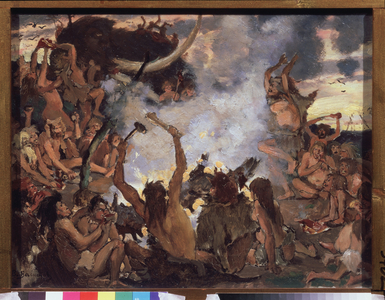 The age of stone, a feast (prehistoric men eat a mammoth around a fire), 1883 (oil on canvas)