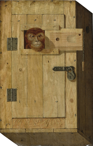 Trompe l'oeil with a monkey in a wooden box, 1862-1900 (oil on copper)