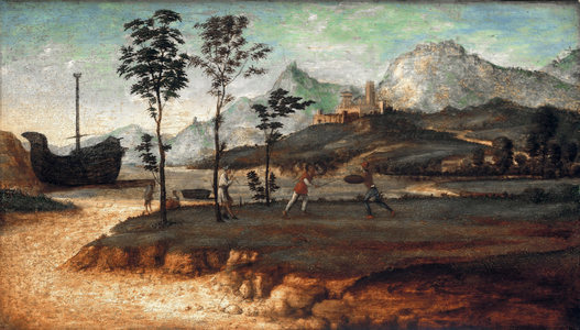 Coastal Landscape with two men fighting, c.1510 (oil on wood)