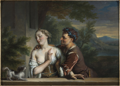 A man tries to kiss a woman - a man trying to embrace in women (oil on canvas)