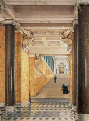 The main staircase and the vestibule of the new hermitage of Saint Petersburg, 1853 (watercolour on paper)
