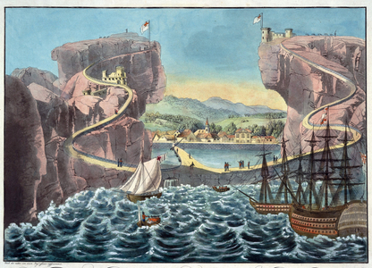 View of the Island of St. Helena from the Side of the Landing Place Near The Fort James, 1815 (aquatint)