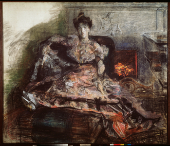 After The Concert - Portrait Of N Zabela-Vrubel At The Fireplace In A Dress Designed By Vrubel, 1905 (charcoal on canvas)