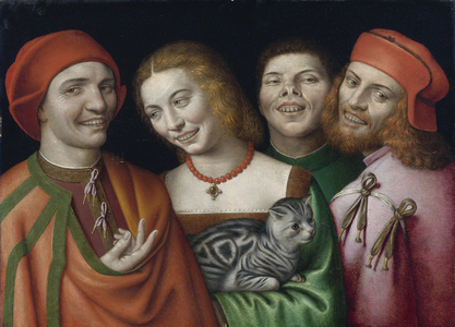 Three men with a woman holding a cat, 16th century (painting)