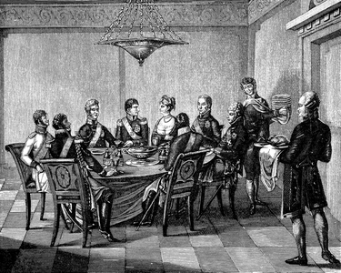 Emperor Napoleon I (1769-1821) receives the Queen Louise de Prussia (1776-1810), 1807 (copper engraving)