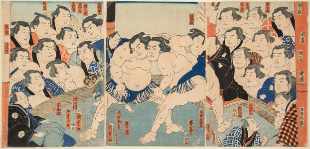 Sumo fight between Wahigayama and Jimmaru. Kunisada print (Toyokuni III), 1861 (colour woodcut)