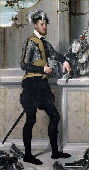 "Portrait of knight posing pressing the helmet of his armor", c.1555