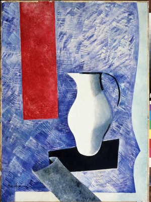 A table of material, still life with a white pot, 1919 (oil on canvas)