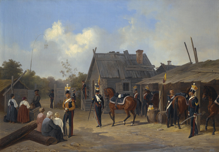 Soldiers bivouacking in a village, 1843 (oil on canvas)