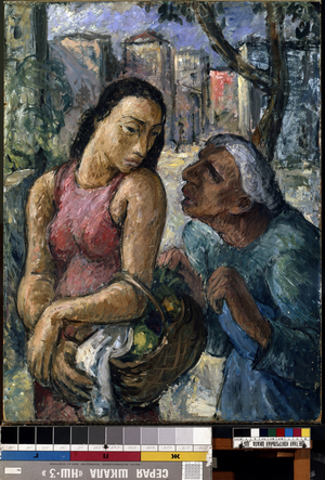 Conversation on street (oil on canvas)