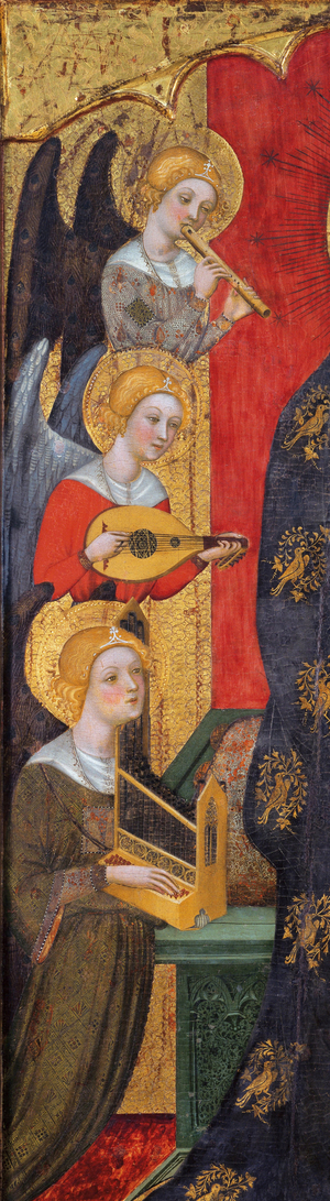 Vierge entouree d'anges musiciens - detail des anges - Madonna with Angels Playing Music, c.1380 (tempera on panel)