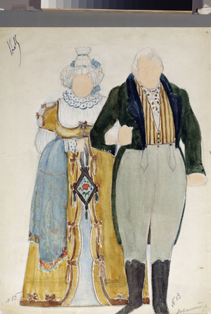 Preparatory costumes, an age couple, for the opera "Eugene OneGuine", 1937 (watercolour on paper)