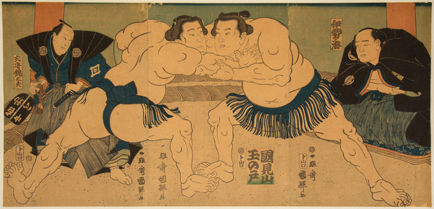 Combat of Sumo wrestlers, Tagasugo against Ayusegawa, 1866 (colour woodcut)