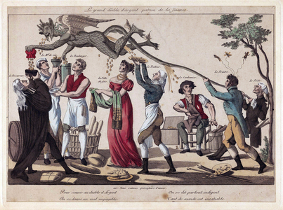 The big devil of money, boss of finance, 19th century (engraving, watercolour)