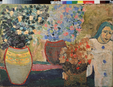 Clown (the face of a white clown behind bouquets of flowers), 1958 (oil on canvas)