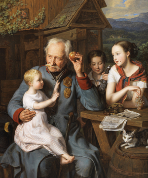 An old invalid with children, 1827 (oil on wood)