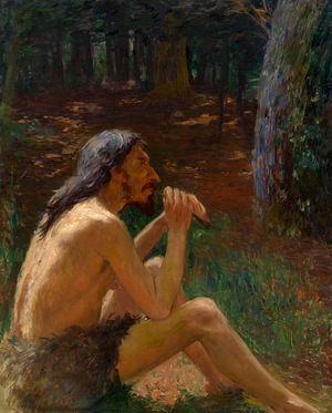 Prehistoric Man Playing Flute (Caveman Playing The Flute), 20th century (oil on canvas)