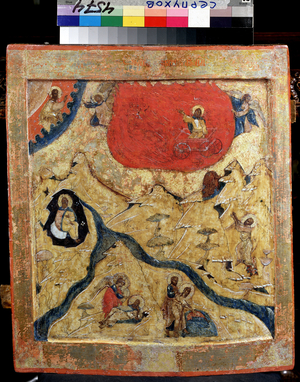 The Prophet Elie and the Char de Feu (The Prophet Elijah and the Fiery Chariot). Russian icon, 16th century (tempera)