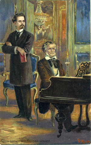 Wagner and King Ludwig II, c.1900 (colour litho)