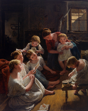 Children in the morning Looking at pictures, 1853 (oil on wood)