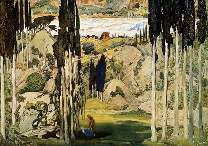 Decor pour le ballet Daphnis et Chloe de Maurice Ravel (1875-1937) (Stage design for the ballet Daphnis and Chloe by M.Ravel). Peinture de Leon Bakst (1866-1924). Aquarelle et gouache sur papier, 74 x 103,5 cm, 1912. Art russe, art scenographique. Musee des Arts Decoratifs, Paris. ©FineArtImage/Leemage