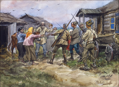 Requisition of cattle for the Red Army in a village near Luga, 1920 (watercolour)