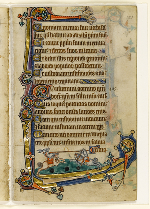 MS 1-2005, fol. 151r: A Hound and Rabbit Jousting, marginal decoration from the Macclesfield Psalter, Use of Sarum, East Anglia, c.1330 (vellum)