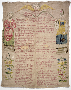 Sampler, depicting the Ten Commandments, by Elizabeth Coventry, English, 1727 (coloured silks on linen)