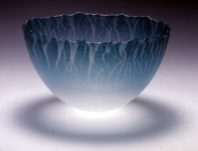 C.8-1988 Bowl, coated on the inside with stannous chloride, sandblasted and polished, by Malcolm Sutcliffe, 1988 (clear and turquoise glass)
