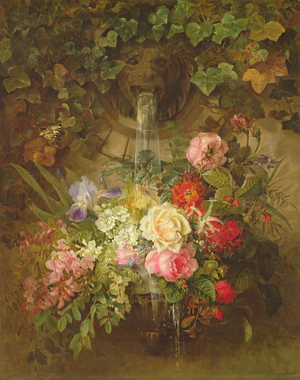 Flowers under a lion fountain,