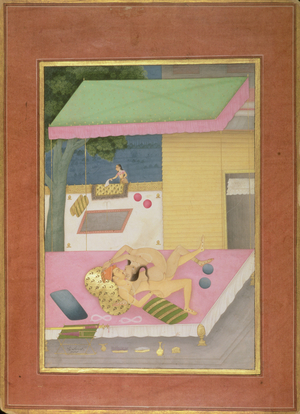 The couple making love show the proper posture for female type: Shinkhini; male type: Vrishna, by Anup Chhattar, Bikaner, Rajasthan, Rajput School, c.1678-98, (gouache on paper)