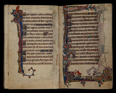 Ms 1-2005, ff.67v-68r: A giant Skate startles a man, border decoration from the Macclesfield Psalter, Use of Sarum, East Anglia, c.1330 (vellum)