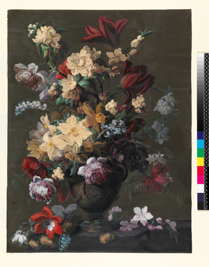 Flowers in a Vase standing on a Ledge (Aries), late 18th century (pen & ink, w/c and bodycolour on a prepared dark ground)