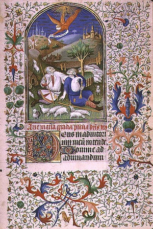 Ms 66 f.48r Angel appearing to two shepherds, Amiens (vellum)