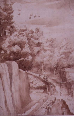 PD.52-1997 View of the Monastery of La Verna, the Road Leading to the Monastery, c.1607-12 (wash, pen & ink on paper)