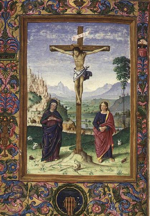 Ms Marlay 10 f.163v The Crucifixion, Missal written for Cardinal Oliviero Carafa, Archbishop of Naples, 1488