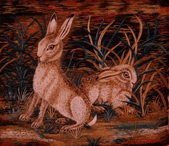 Two Hares, linen with polychrome wools and silk highlights by Mrs T. Butts, late 18th century