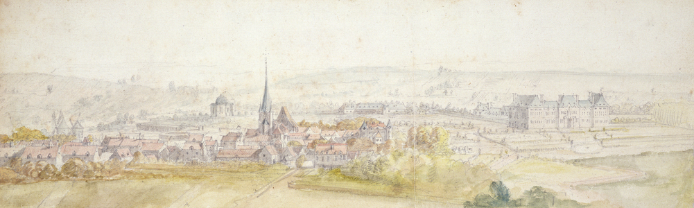 Distant view of a town with a chateau on the right (w/c & graphite on paper)