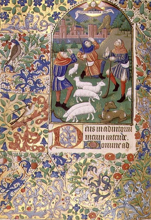 MS 76 f.59v The Annunciation to the Shepherds from a Book of Hours, French, c.1490 (vellum)