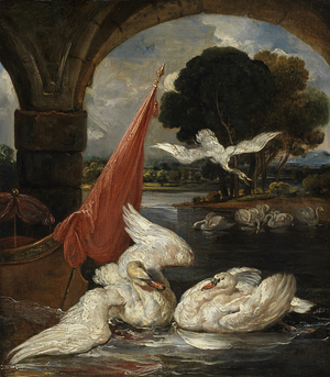 The Descent of the Swan, illustration for 'The Social Day' by Peter Coxe (oil on panel)