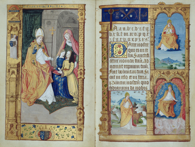 Ms 159, pp.1-2 A girl kneels at a desk with the Virgin and saints, from a Primer, c.1500-10 (ink & gold ink on parchment)
