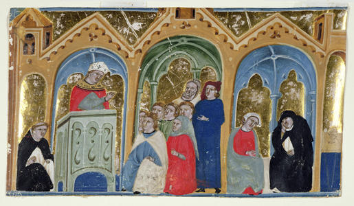 Ms. 400-2000: Miniature from Gratian's Decretum showing a bishop preaching to a congregation, c.1325-30 (vellum)