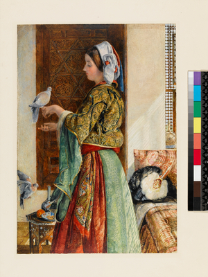 Girl with Two Caged Doves, Cairo, 1864 (w/c and bodycolour over pencil on thin card)