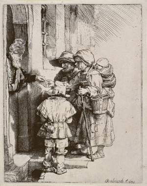 Beggars receiving alms at the door of a house, 1648 (drypoint engraving)