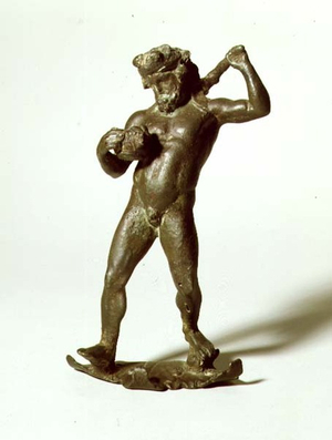 GR.5-1977 Statuette of a drunken Hercules, with attachments to the shoulder of a large Krater, 1st century BC, Greek (bronze)