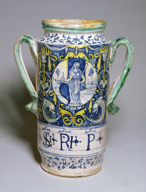 C.185-1991 Two-handled pharmacy jar, Italian, probably from Tuscany, c.1510-30 (red earthenware)