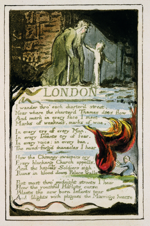 P.124-1950.pt47 London: plate 47 from 'Songs of Innocence and of Experience' (copy R) c.1802-08 (etching, ink and w/c)